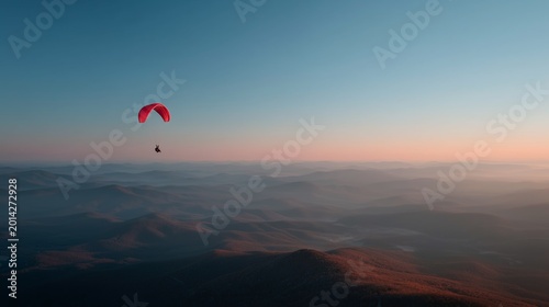 A lone paraglider soars over a misty mountain range in warm sunset hues, capturing peaceful solitude and adventure.