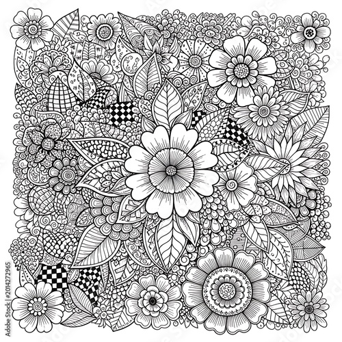 Intricate floral pattern with detailed line art, featuring a variety of blossoms and leaves