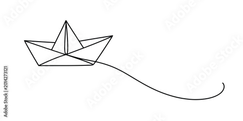 Cuadro en lienzo Simple line drawing of a small paper boat with a trailing line Vector, illustrat