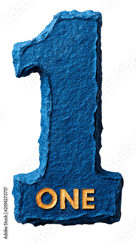 Blue Stone Number One Symbol Design. Rough textured blue number one sculpture with golden lettering isolated on a light background, representing ranking, leadership, achievement, and success.