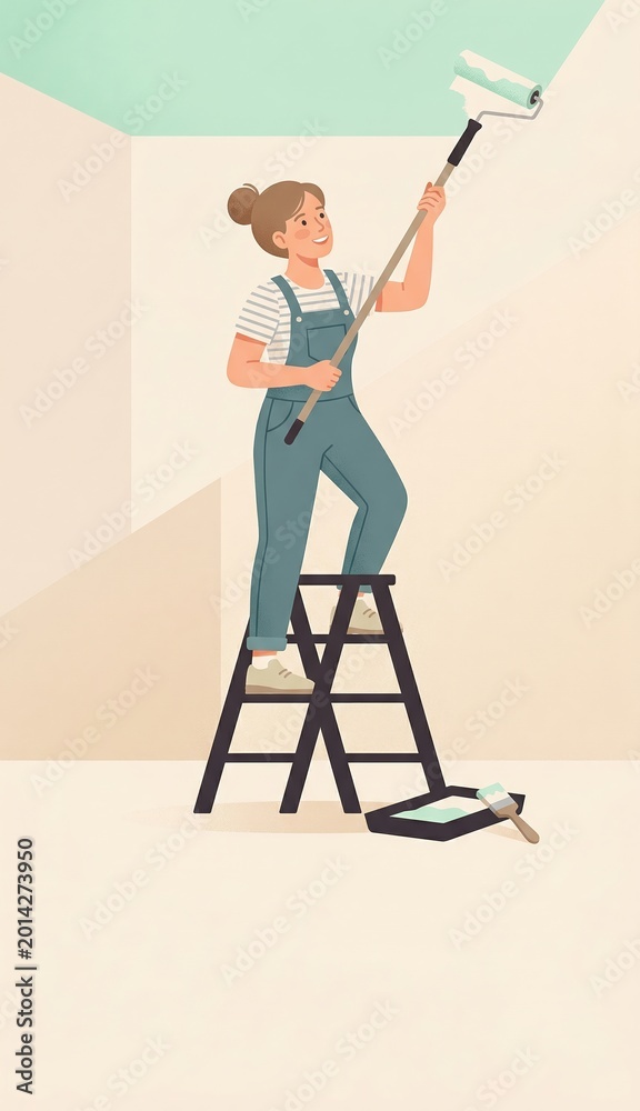 Fototapeta premium Friendly woman painting ceiling with roller