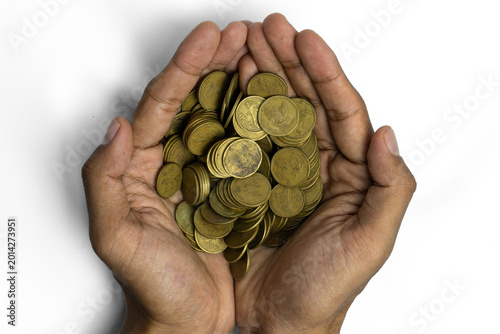 Close up of Cupped Hands Holding a Heap of Gold Coins on White Background