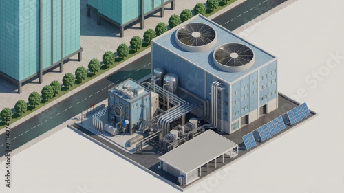 Isometric 3D illustration of a modern industrial factory plant with sustainable energy features.