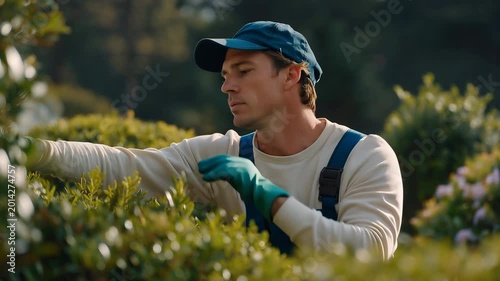 Close-up outdoor maintenance captures precise trimming techniques during shrub care work, emphasizing skill, equipment use, and attention to detail. cinematic color correction, natural uneven