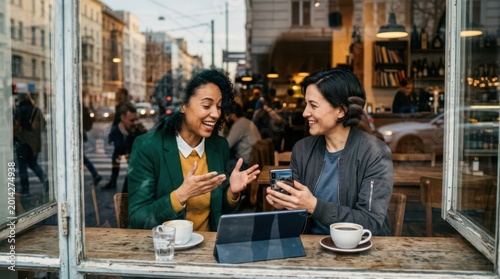 Two diverse female colleagues sitting by a cafe window, laughing and discussing project details on a digital tablet and smartphone while enjoying coffee in a bright urban setting.