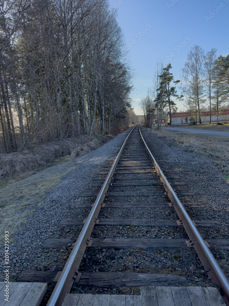 Obraz premium Railway tracks leading through rural landscape and forest under clear blue sky