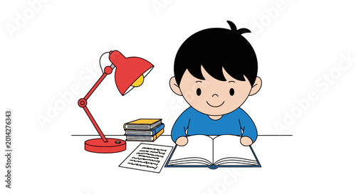 Schilderij op canvas A cartoon boy studying with a lamp.