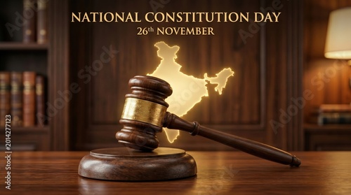 Gavel on desk with Indian map in background