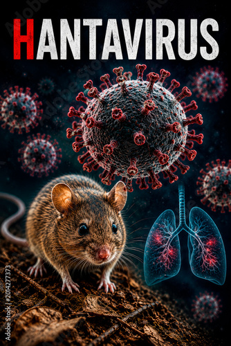 Hantavirus concept with infected mouse, virus particles and lungs illustration on dark background