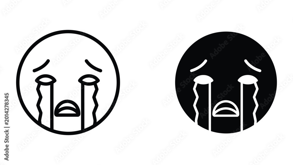 Fototapeta premium Sad and angry crying face emoji icons in black and white