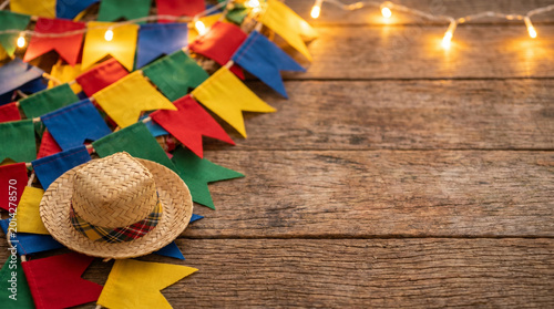 Festa Junina straw hat and colorful flags on wooden background