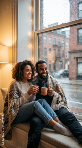 Couple enjoying hot drinks by window on rainy day