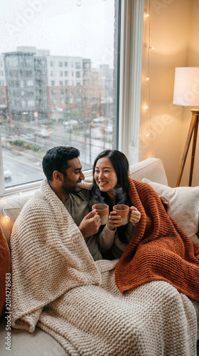 Couple enjoying hot drinks under blankets by window on rainy day