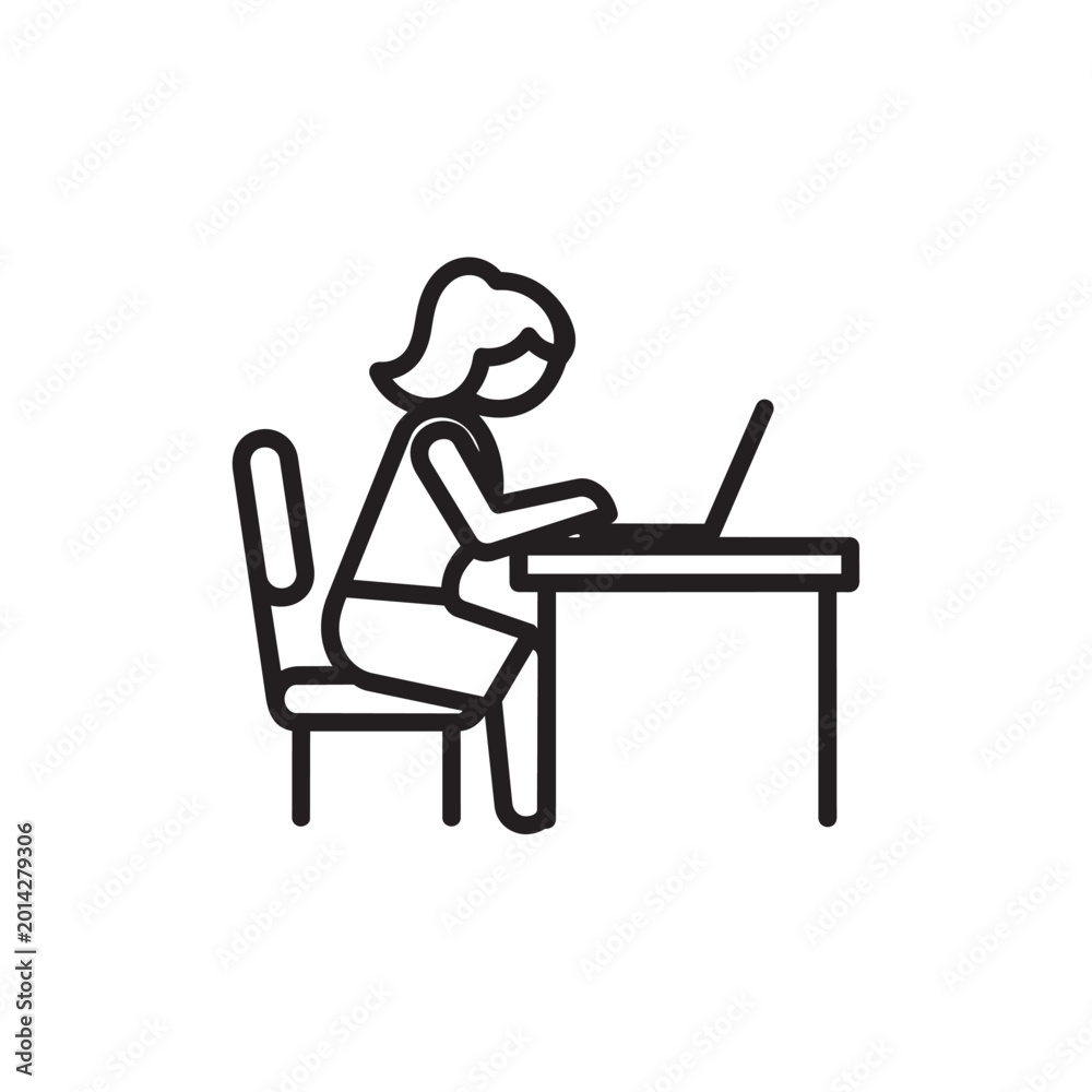 Fototapeta premium Person working on laptop at desk icon black and white remote work line art