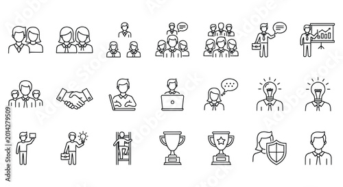 A set of black and white vector icons illustrating people, meetings, communication, and awards in a professional context.