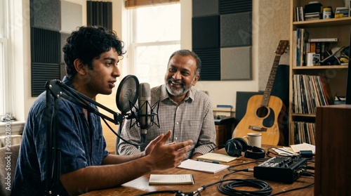 Young man recording a podcast with his smiling father in a professional home studio setup