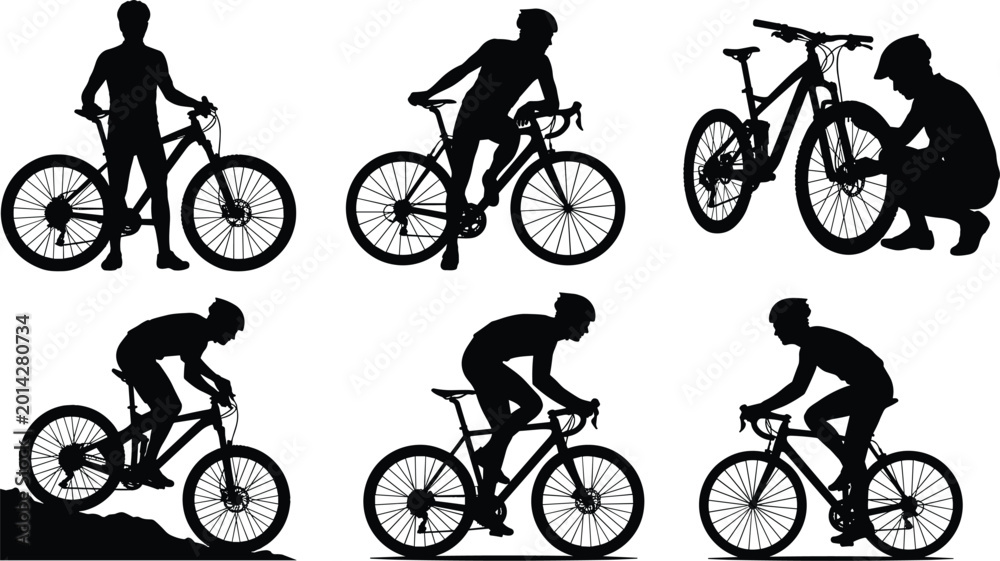 Fototapeta premium Vector silhouettes set of mountain and road bike cyclists riding standing and repairing bicycles for outdoor sports fitness adventure and healthy active lifestyle concept illustrations