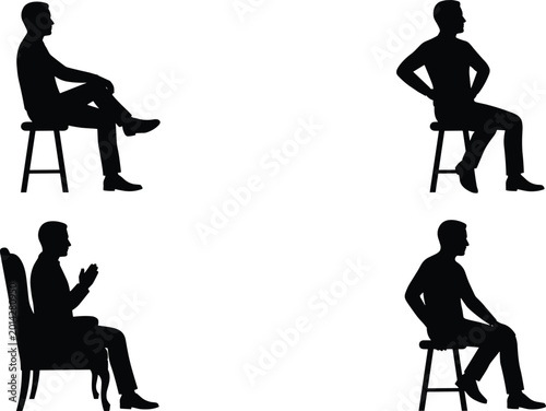 Photos Black silhouette set of man sitting on stool and armchair from side view in vari