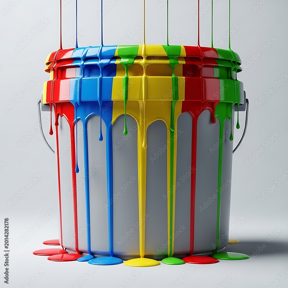 Fototapeta premium Paint bucket with colorful liquid dripping down in bright red blue yellow and green colors. 5 gallon pail