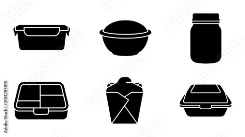 Food Container Icons Set, Takeout Box Vector Graphics, Meal Prep Storage Silhouettes, Mason Jar and Bowl Illustrations