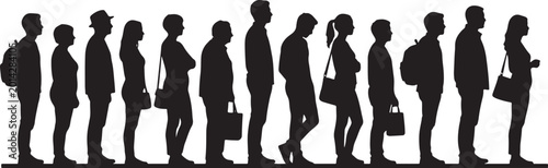 Foto Title: Large group of diverse people silhouettes standing in a queue or waiting
