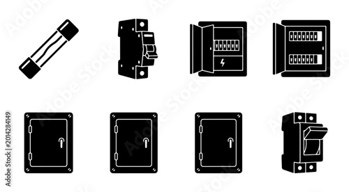 Electrical Panel Icons, Fuse Box Vector Set, Circuit Breaker Graphics, Power Distribution Symbols, Black and White Utility Elements