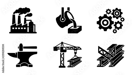 Bild auf Leinwand Industrial Icons Set: Factory, Foundry, Gears, Anvil, Crane, Steel Beams, Manufa