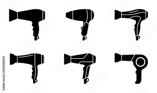 Set of Six Black Silhouette Hair Dryers, Professional Styling Tools Vector Icons, Beauty Salon Equipment Graphics