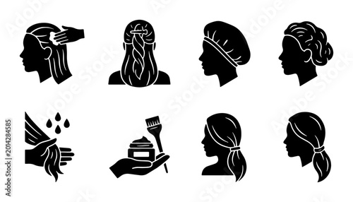Hair Care Routine Icons, Beauty Salon Silhouettes, Personal Grooming Steps, Hair Styling Vector Set