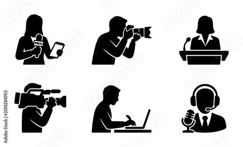Foto Journalism Icons Set: Reporter with Microphone, Photographer, Speaker, Cameraman, Writer at Laptop, Broadcaster with Headphones