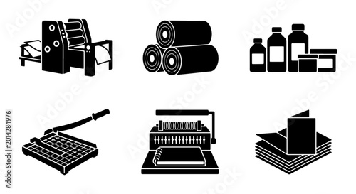 Foto Printing Press, Paper Rolls, Ink Bottles, Guillotine Cutter, Binding Machine, St