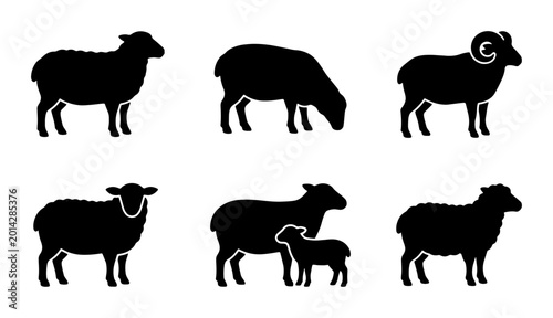 Schilderij op canvas Sheep Silhouettes Collection, Farm Animals Vector Icons, Livestock Mammal Graphi