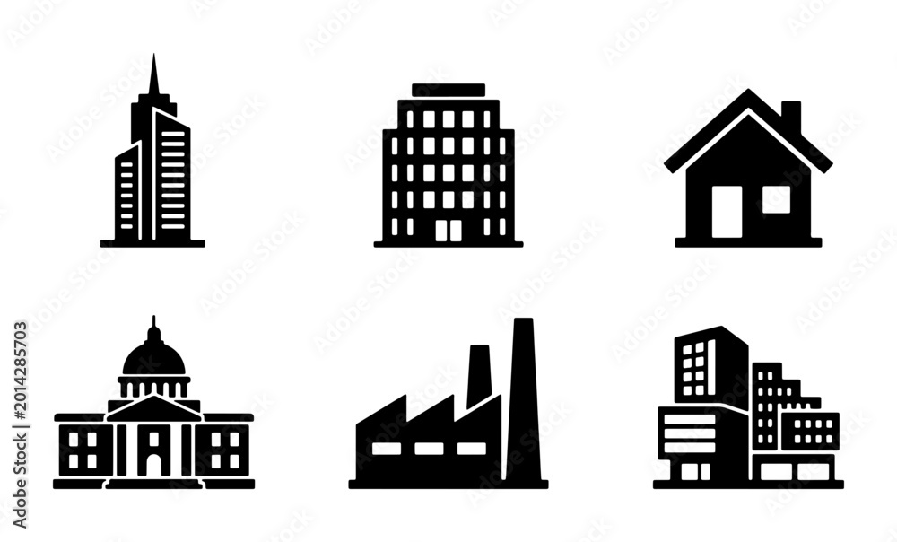 Naklejka premium Modern and Classic Building Icons Set, Vector Graphics for Architecture and Real Estate Concepts, Cityscape Elements