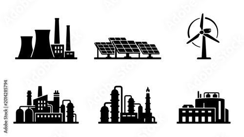 Industrial Power Icons: Factories, Solar Panels, Wind Turbine, Renewable Energy Symbols, Clean Energy Infrastructure, Sustainable Power Generation