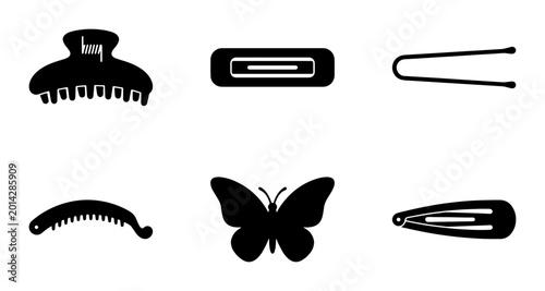Canvas Print Black Hair Accessories Icons, Set of 6 Vector Graphics for Styling and Beauty, M