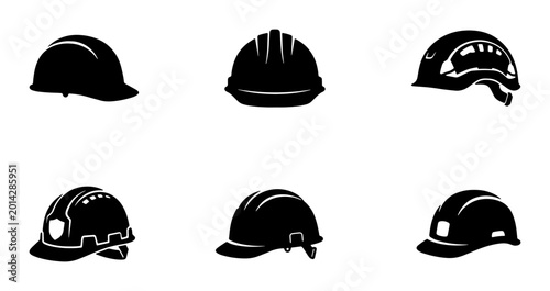 Photos Industrial Safety Helmets, Hard Hats, Protective Headwear Icons Set, Black Silho