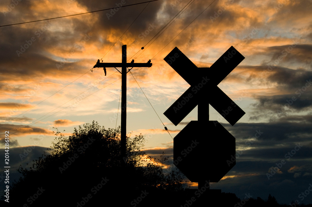 Obraz premium Utility pole and railroad crossing sign silhouette, Ankeny National Wildlife Refuge, Oregon