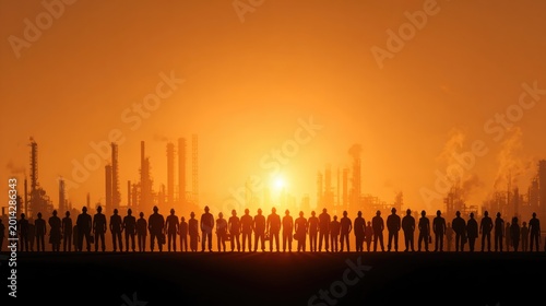 Diverse industrial workers standing united at sunrise, dramatic golden backlight, factory silhouettes, realistic skin tones, 