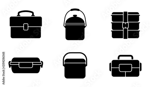 Vector Icons Set: Lunch Boxes, Briefcase, and Food Containers, Black Silhouette Graphics for Food Storage and Travel