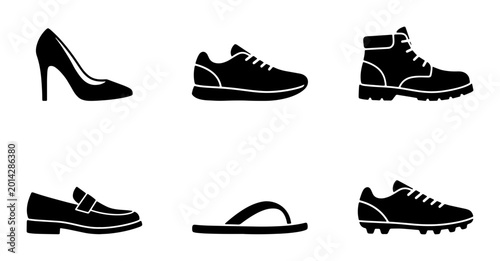 Slika na platnu Diverse Footwear Icons Set: High Heel Shoe, Sneaker, Boot, Loafer, Flip Flop, Cl