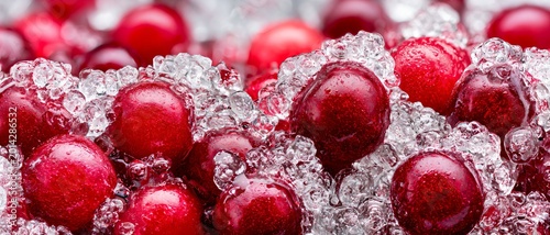 Bright red cranberries nestled in clear ice crystals
