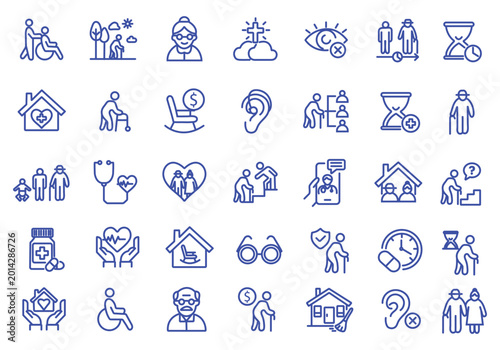 Elderly icon set. Editable line icons. Vector illustration.