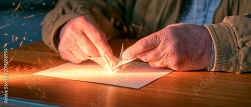 Delicate hands meticulously fold a sheet of paper, bathed in a warm