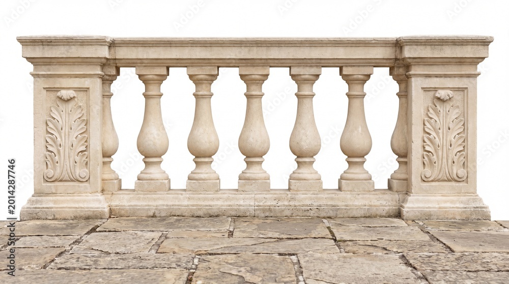 Fototapeta premium Stone balustrade with ornate balusters and carved leaf details on white background