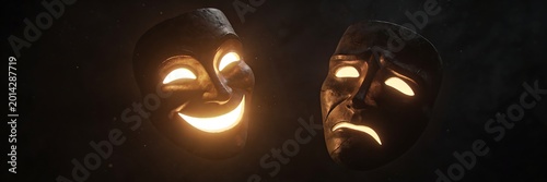Two abstract glowing masks float in the darkness; one is happy, the other sad.