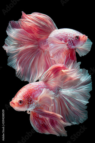 A beautiful two fishes red and white betta fish, delicate long tail