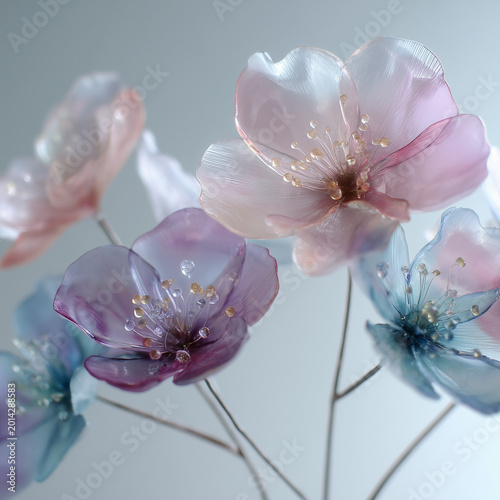 Transparent purple and white flowers made from glass 