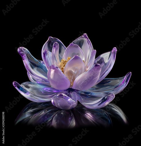 Transparent purple flower made from glass on black background