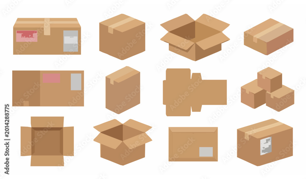 Fototapeta premium Open and Closed Cardboard Shipping Boxes Vector Collection with Packaging Warning Icons