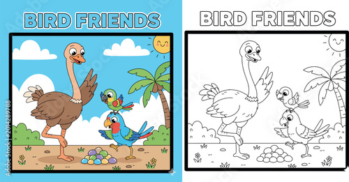 Photography Ostrich and Parrots with Colorful Eggs - Bird Friends Cartoon Illustration